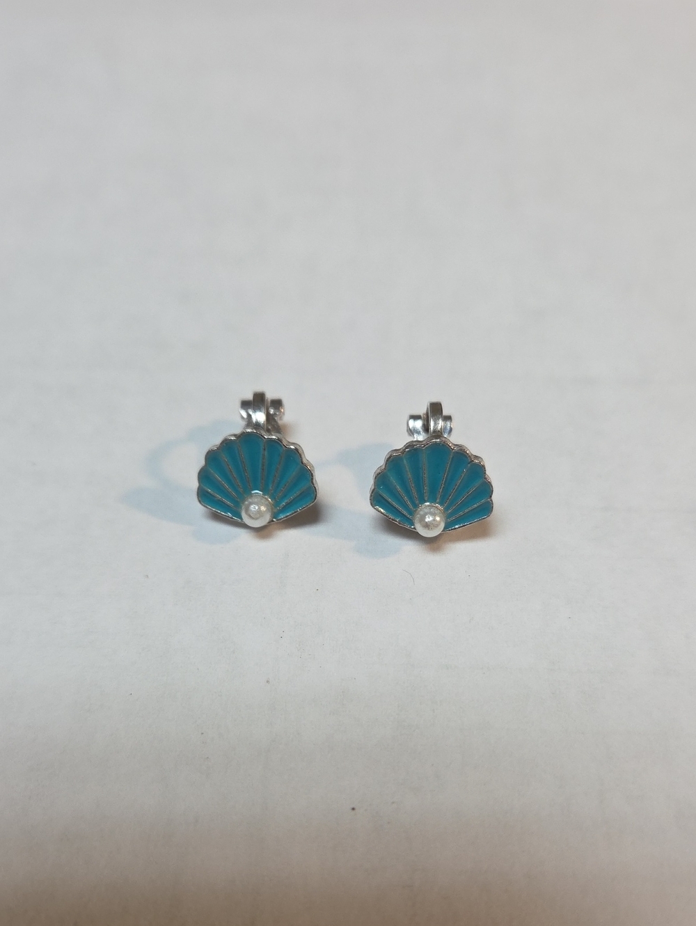 Teal Seashell Clip-On Earrings with Faux Pearl Accent